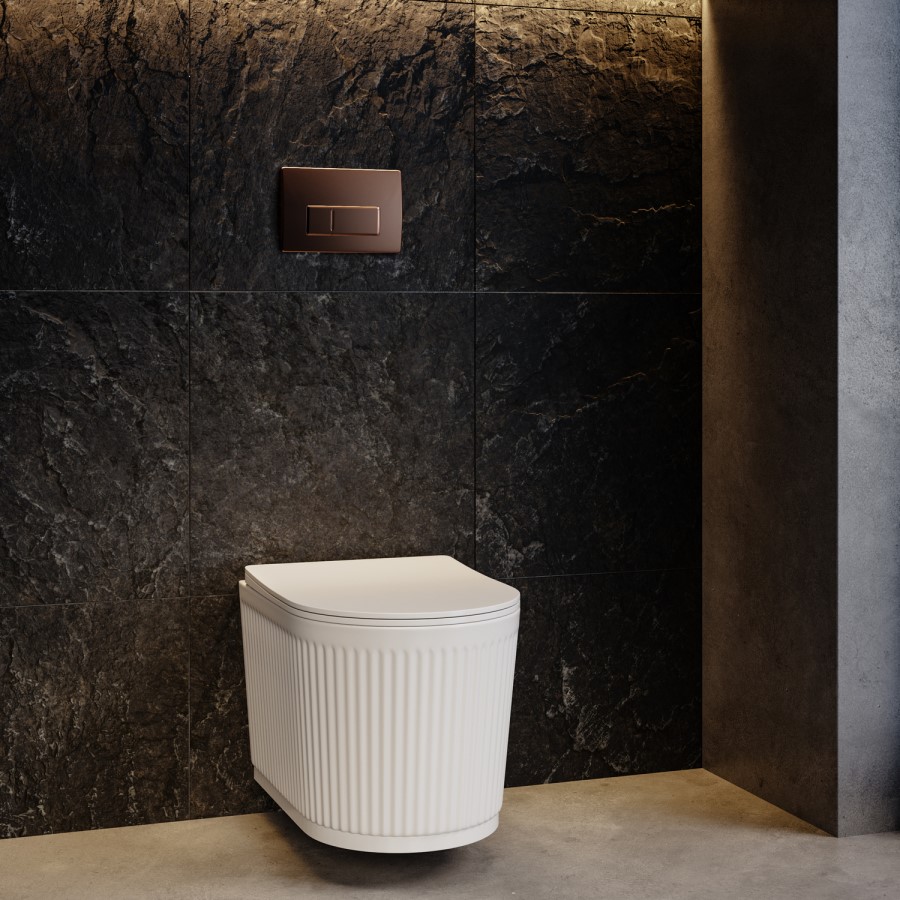 Fluted Wall Hung Toilet, 1160mm Pneumatic Frame & Cistern & Brushed Bronze Pneumatic Flush Plate - Oregon