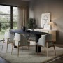 Large Black Oak Pebble Dining Table Set with 6 Beige Upholstered Chairs - Seats 6 - Oscar