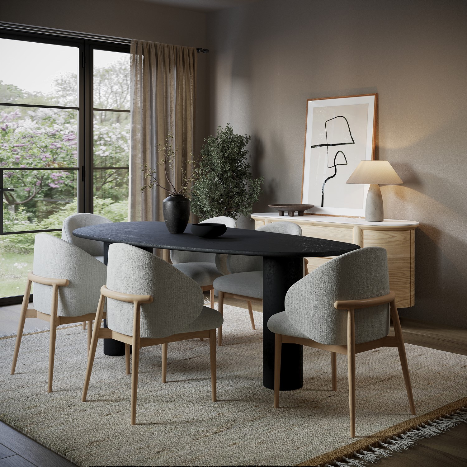 Large Oak Pebble Dining Table Set 6 Beige Upholstered Chairs Seats 6