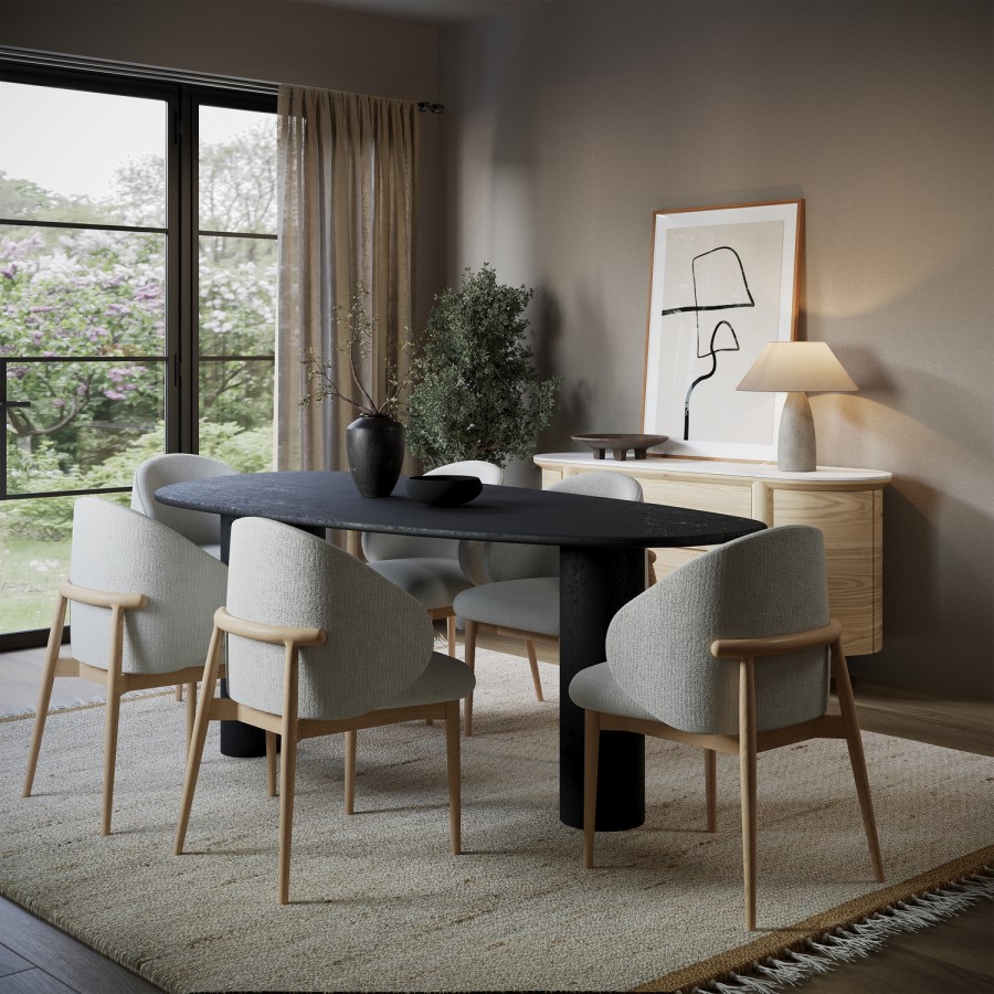 Large Black Oak Pebble Dining Table Set with 6 Beige Upholstered Chairs - Seats 6 - Oscar
