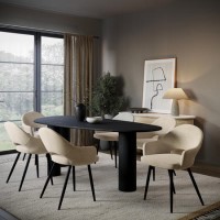 Black Oak Pebble Dining Table Set with 6 Beige Upholstered Chairs - Seats 6 - Oscar