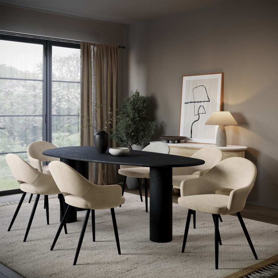 Black Oak Pebble Dining Table Set with 6 Beige Upholstered Chairs - Seats 6 - Oscar