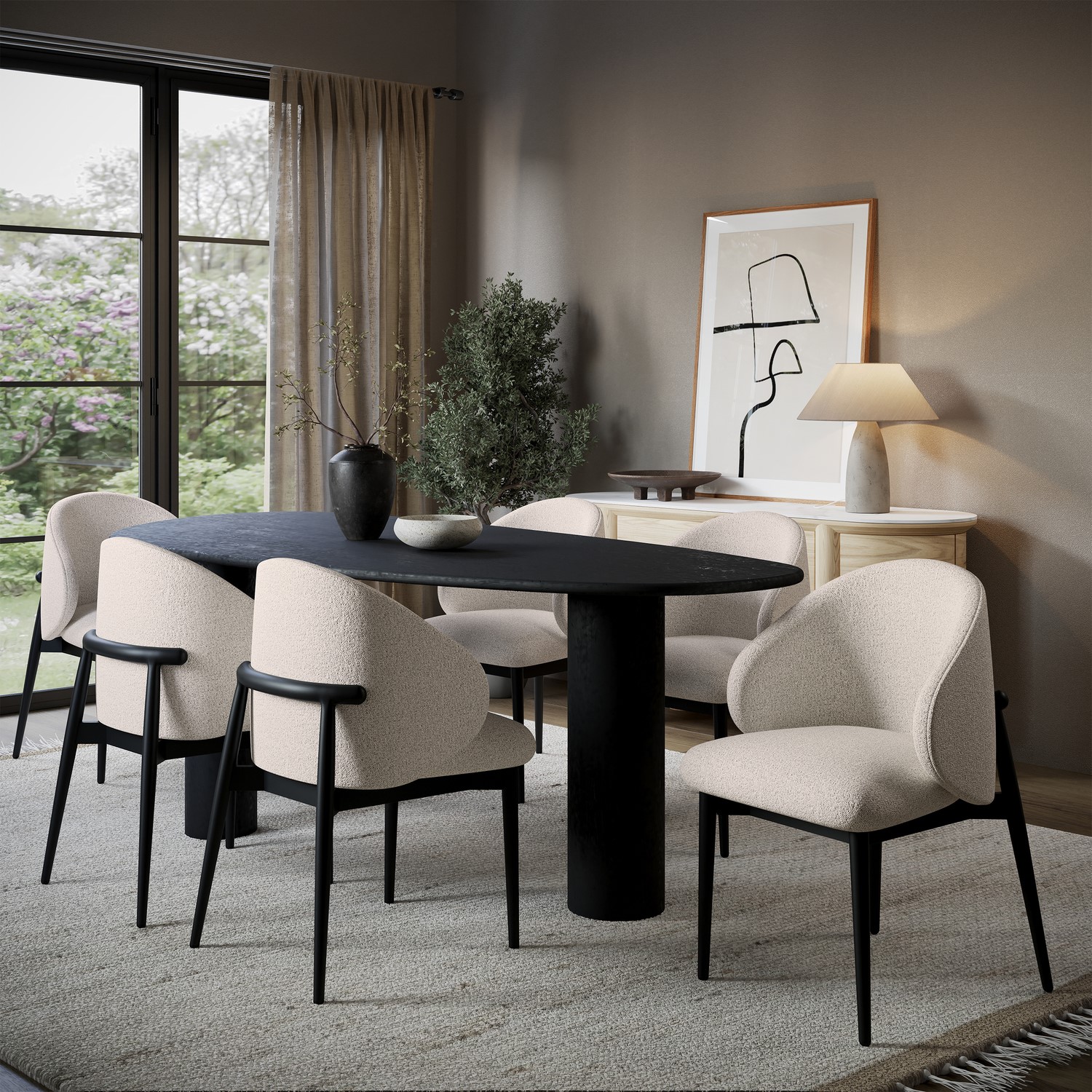 Large Oak Pebble Dining Table Set 6 Cream Upholstered Chairs Seats 6