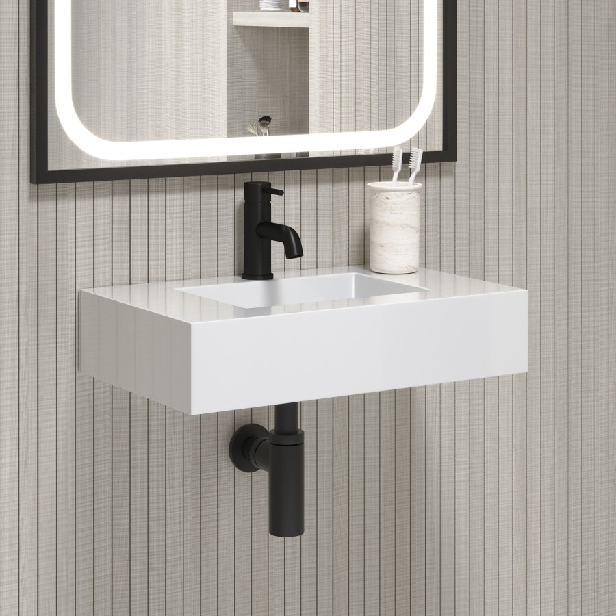 White Rectangular Wall Hung Basin with Hidden Waste 600mm - Oslo