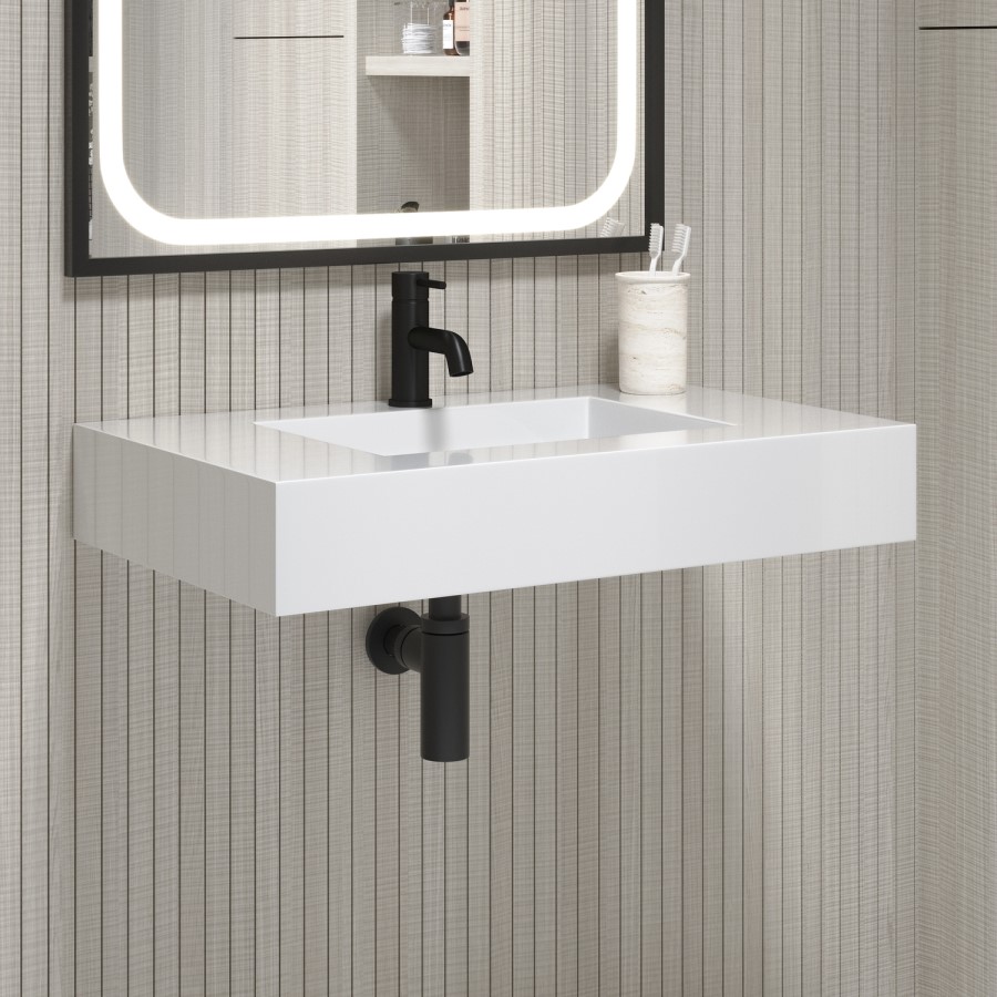White Rectangular Wall Hung Basin with Hidden Waste 800mm - Oslo