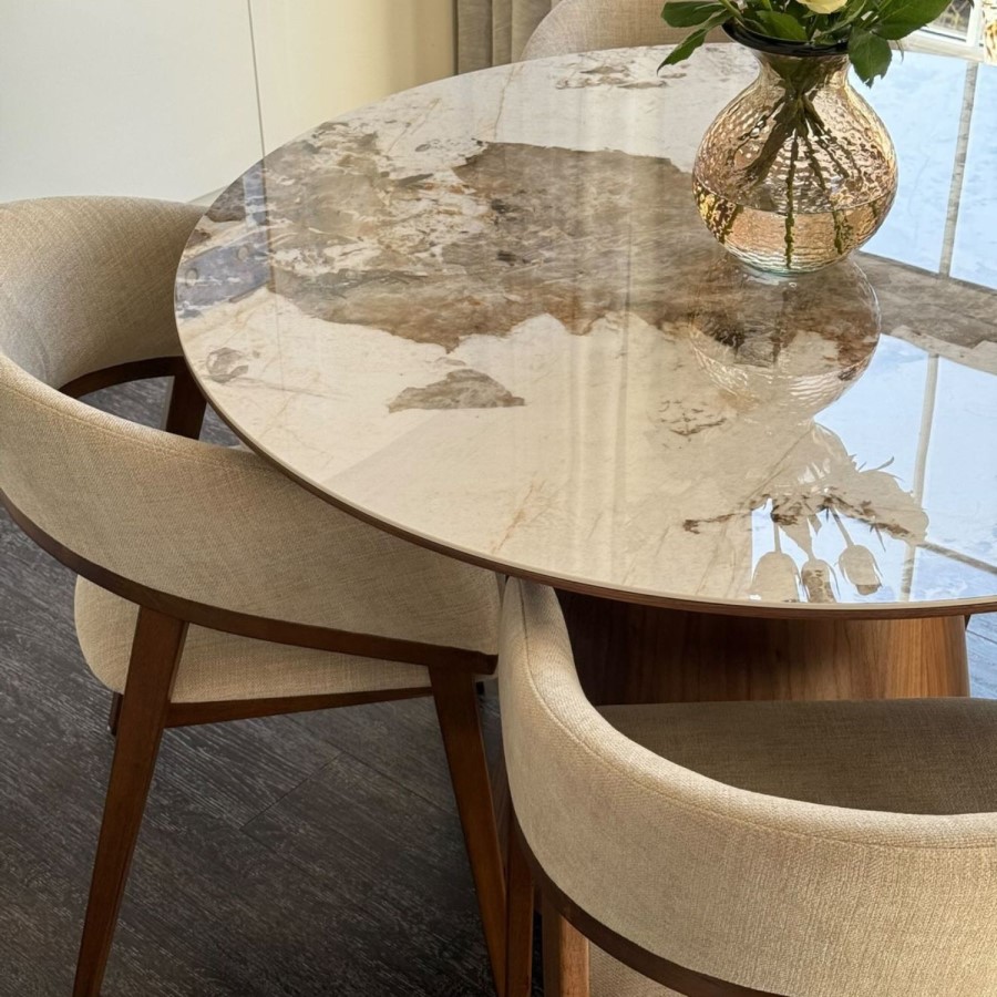 Set of 4 Walnut and Beige Upholstered Curved Dining Chairs - Owen