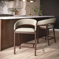 Set of 2 Walnut & Beige Upholstered Curved Kitchen Stools with Backs - Owen