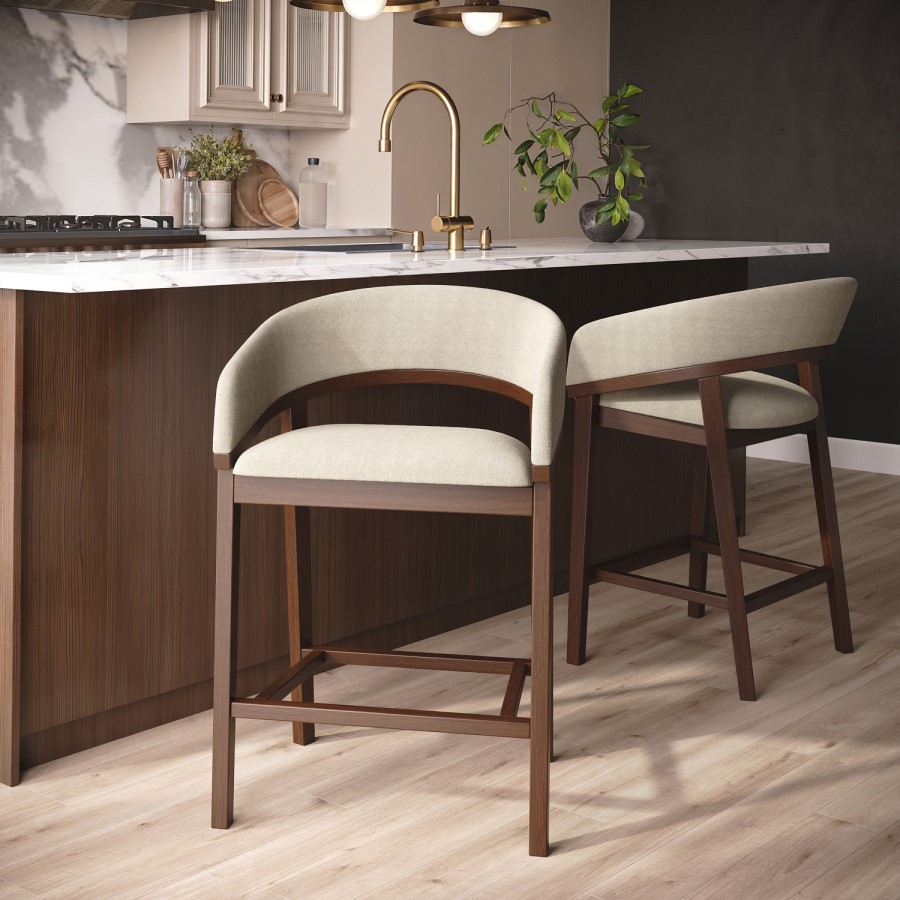 Set of 2 Walnut & Beige Upholstered Curved Kitchen Stools with Backs - Owen