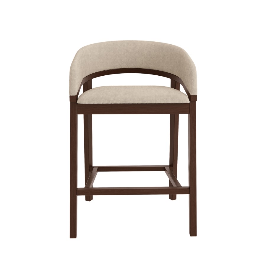 Set of 3 Walnut & Beige Upholstered Curved Kitchen Stools with Backs - Owen