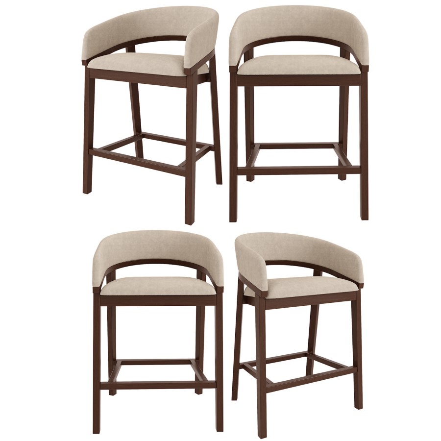Set of 4 Walnut & Beige Upholstered Curved Kitchen Stools with Backs - Owen