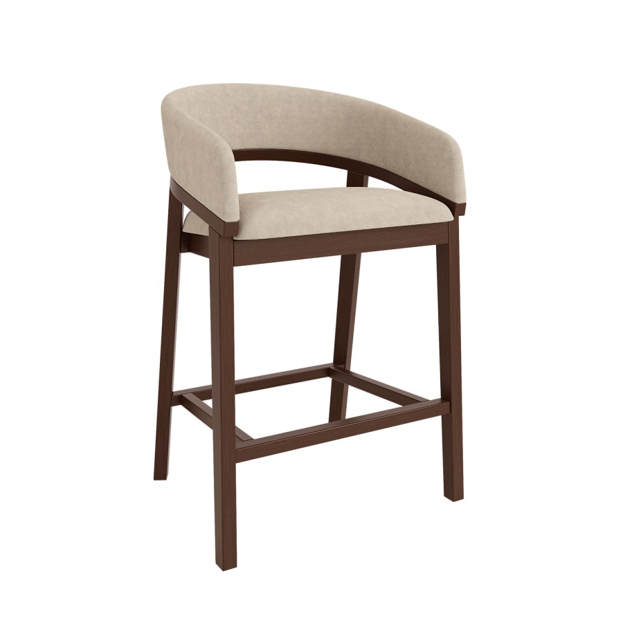 Set of 4 Walnut & Beige Upholstered Curved Kitchen Stools with Backs - Owen