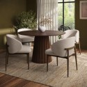 BUN/OWE002/102055 Round Walnut Dining Table Set with 4 Beige Upholstered Curved Dining Chairs - Owen