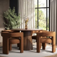 Round Walnut Dining Table Set with 4 Burnt Orange Luxury Curved Dining Chairs - Owen Round Walnut Dining Table Set with 4 Burnt Orange Luxury Curved Dining Chairs - Owen