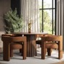 Round Walnut Dining Table Set with 4 Burnt Orange Luxury Curved Dining Chairs - Owen