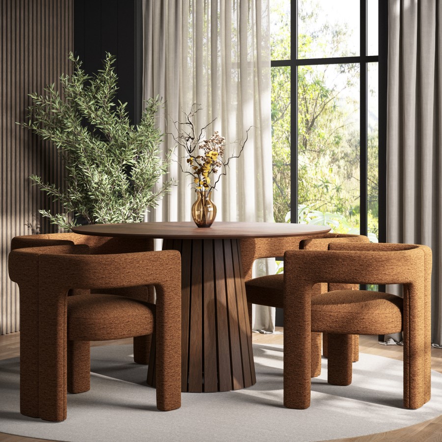 Round Walnut Dining Table Set with 4 Burnt Orange Luxury Curved Dining Chairs - Owen