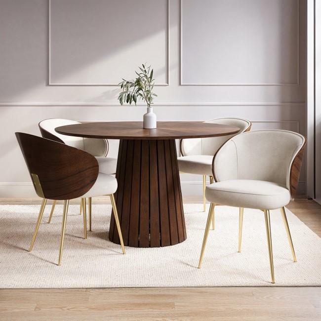 Round Walnut Dining Table with Walnut Bent Wood Back Dining Chairs - Owen