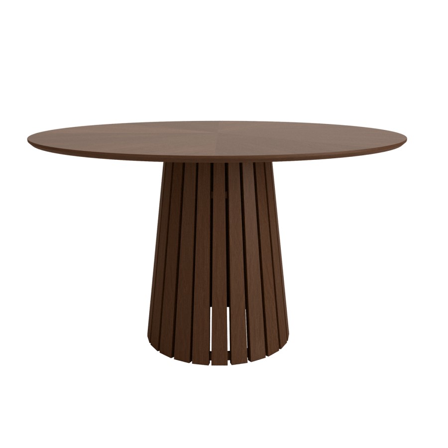 Round Walnut Dining Table Set with 4 Rust Fully Upholstered Chairs - Seats 4 - Owen