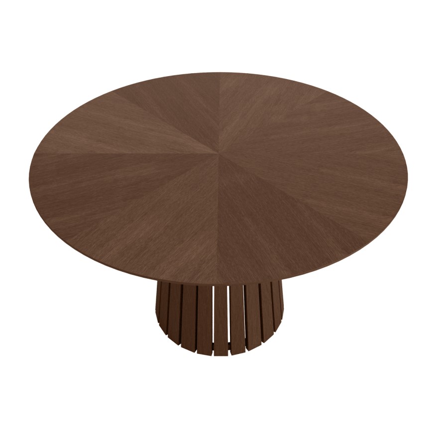 Round Walnut Dining Table Set with 4 Rust Fully Upholstered Chairs - Seats 4 - Owen