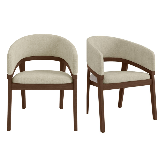 Set of 2 Walnut & Beige Upholstered Curved Dining Chairs - Owen