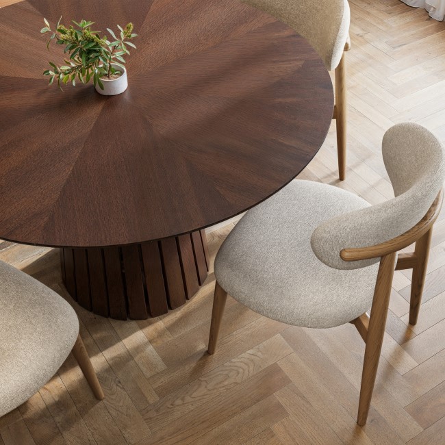 Round Walnut Dining Table with 4 Beige Upholstered Curved Dining Chairs - Owen