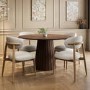 Round Walnut Dining Table with 4 Beige Upholstered Curved Dining Chairs - Owen