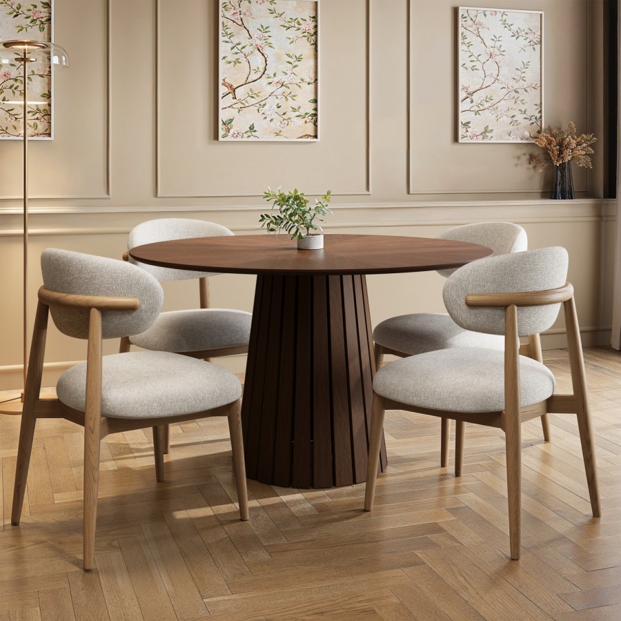 Round Walnut Dining Table Set with 4 Multi Coloured Fabric Swivel Tub Dining Chairs - Owen