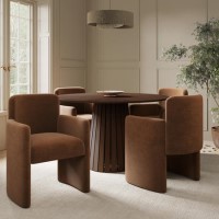Round Walnut Dining Table Set with 4 Rust Fully Upholstered Chairs - Seats 4 - Owen