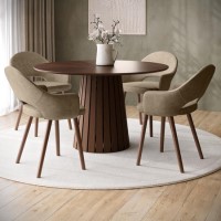 Round Walnut Dining Table Set with 4 Beige Faux Leather Dining Chairs - Seats 4 - Owen