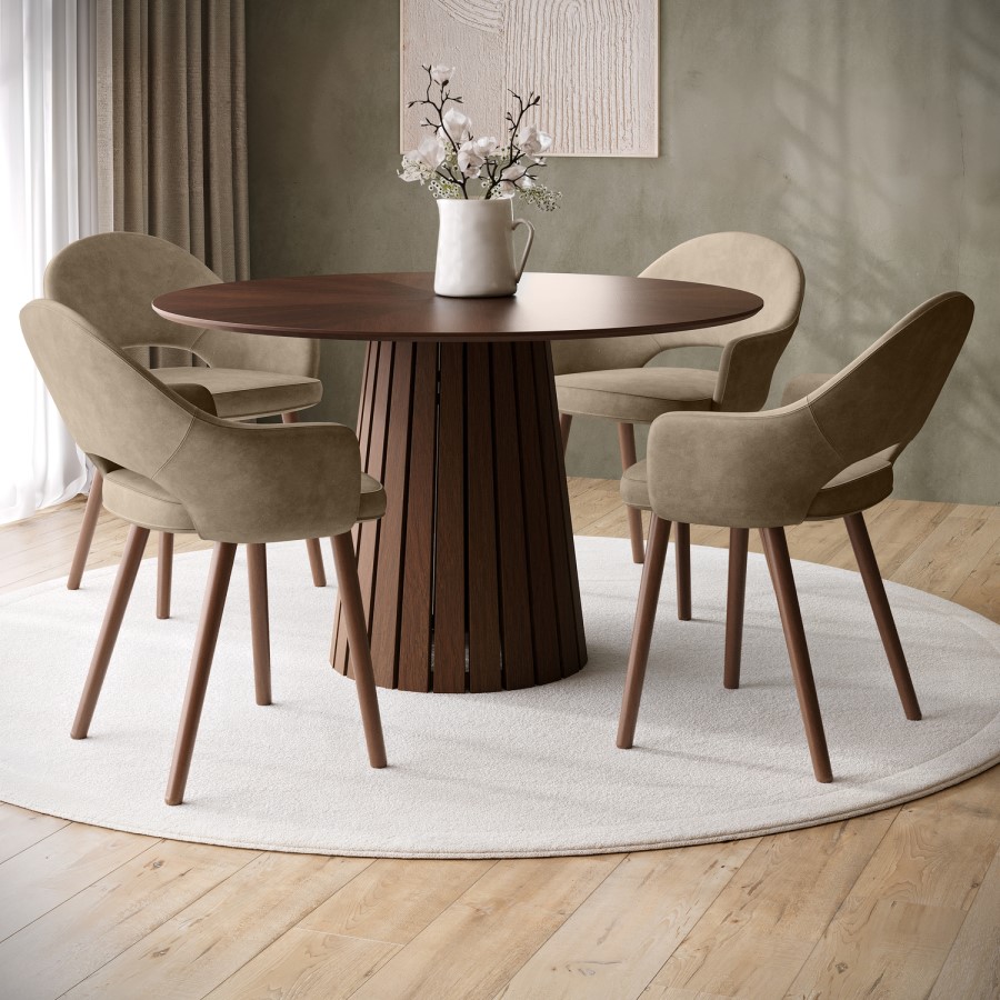 Round Walnut Dining Table Set with 4 Beige Faux Leather Dining Chairs - Seats 4 - Owen