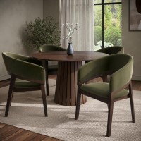 Round Walnut Dining Table Set with 4 Olive Green Velvet Chairs - Seats 4 - Owen