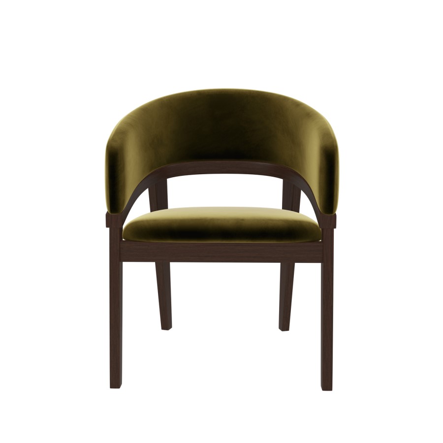 Round Walnut Dining Table Set with 4 Olive Green Velvet Chairs - Seats 4 - Owen