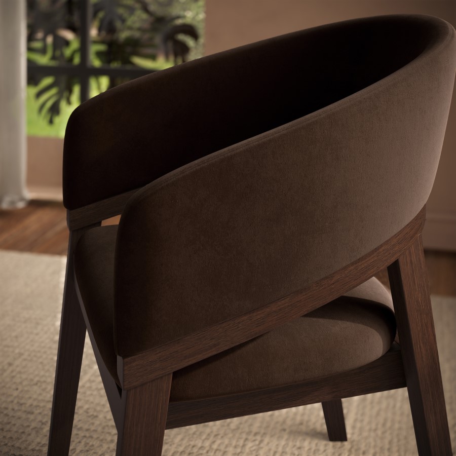 Round Walnut Dining Table Set with 4 Brown Velvet Chairs - Seats 4 - Owen