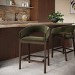Set of 2 Walnut & Olive Green Velvet Curved Kitchen Stools with Backs - Owen