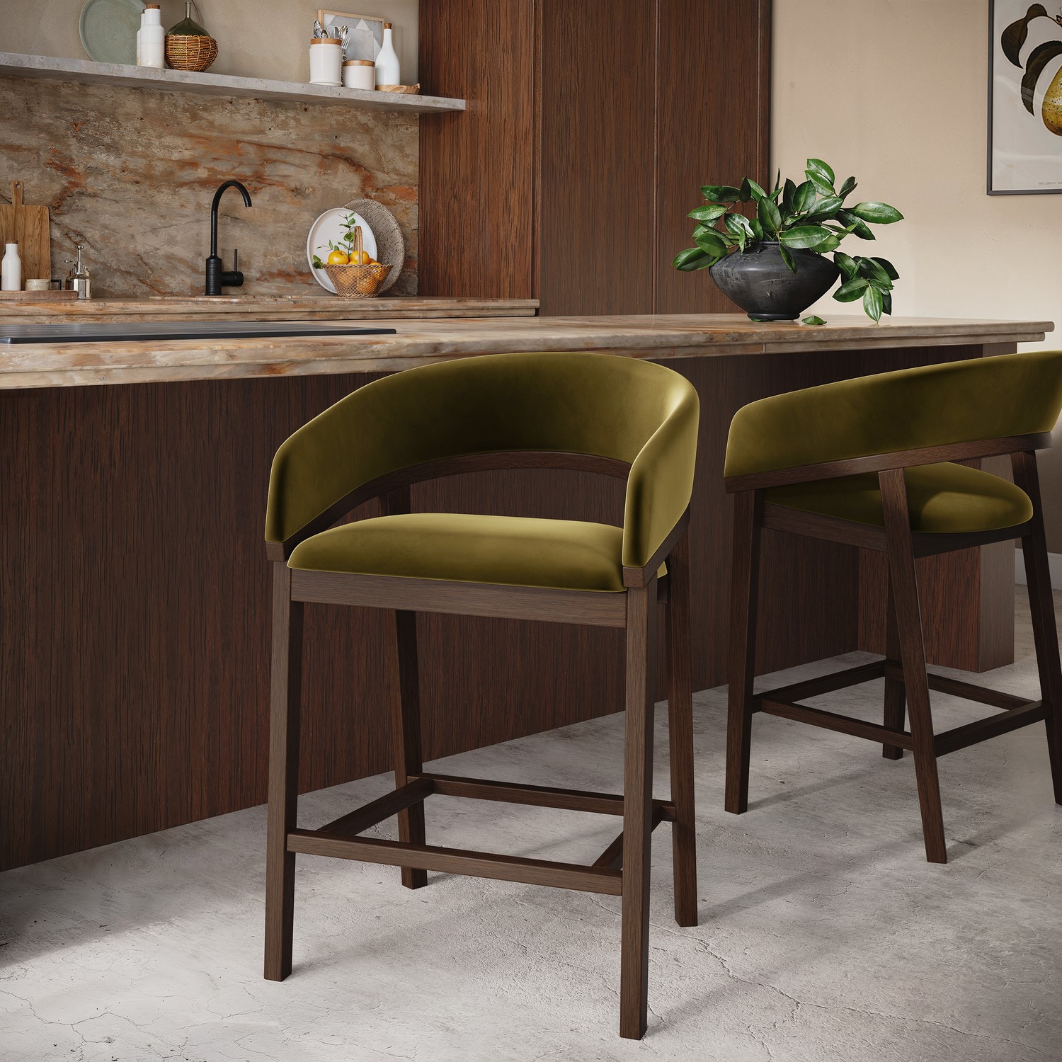 Set 2 Walnut & Olive Green Velvet Curved Kitchen Stools Backs