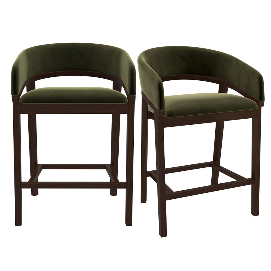 Set of 2 Walnut & Olive Green Velvet Curved Kitchen Stools with Backs - Owen