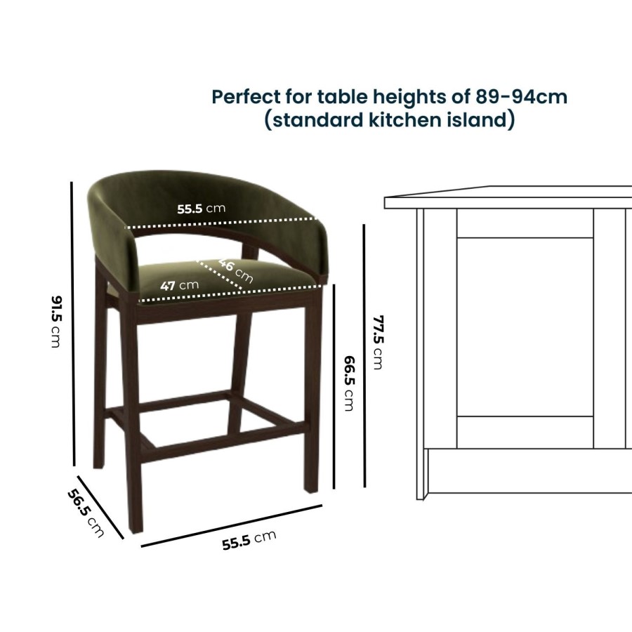 Set of 2 Walnut & Olive Green Velvet Curved Kitchen Stools with Backs - Owen