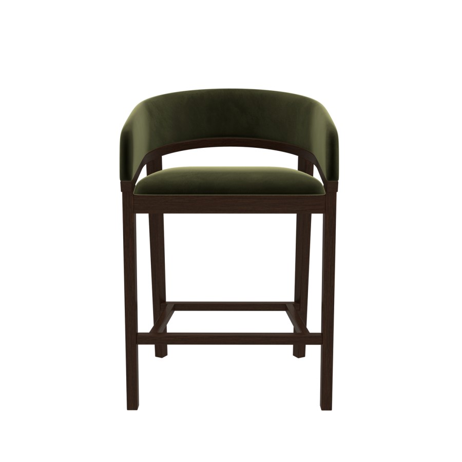 Set of 2 Walnut & Olive Green Velvet Curved Kitchen Stools with Backs - Owen