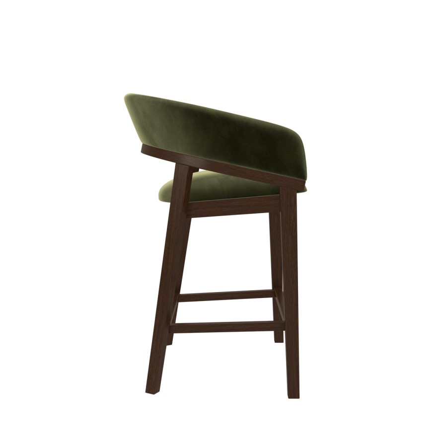 Set of 2 Walnut & Olive Green Velvet Curved Kitchen Stools with Backs - Owen