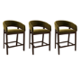 Set of 3 Walnut & Olive Green Velvet Curved Kitchen Stools with Backs - Owen