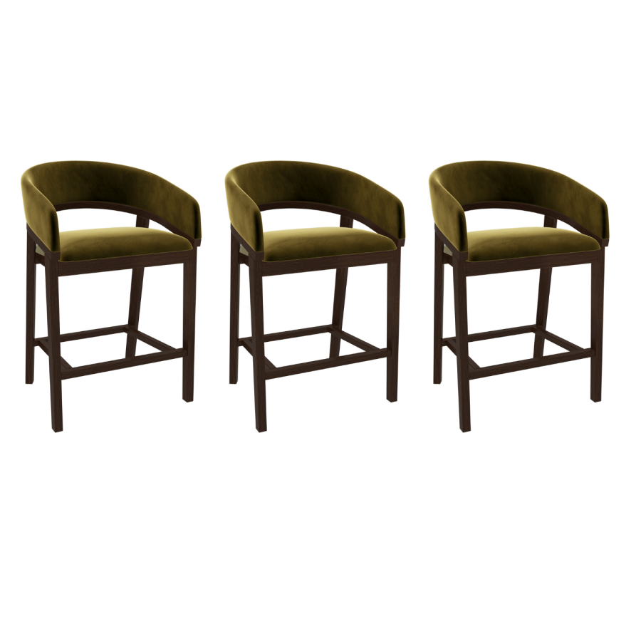 Set of 3 Walnut & Olive Green Velvet Curved Kitchen Stools with Backs - Owen