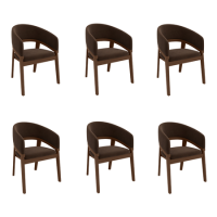 Set of 6 Walnut & Brown Velvet Curved Dining Chairs - Owen