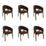 Set of 6 Walnut & Brown Velvet Curved Dining Chairs - Owen