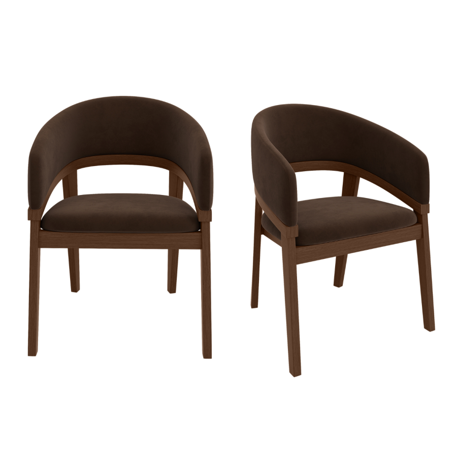 Set of 2 Walnut & Brown Velvet Curved Dining Chairs - Owen