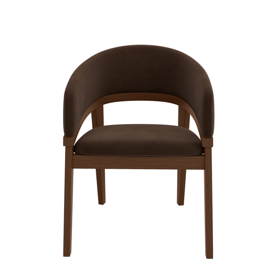 Set of 4 Walnut & Brown Velvet Curved Dining Chairs - Owen