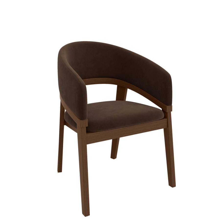 Set of 4 Walnut & Brown Velvet Curved Dining Chairs - Owen