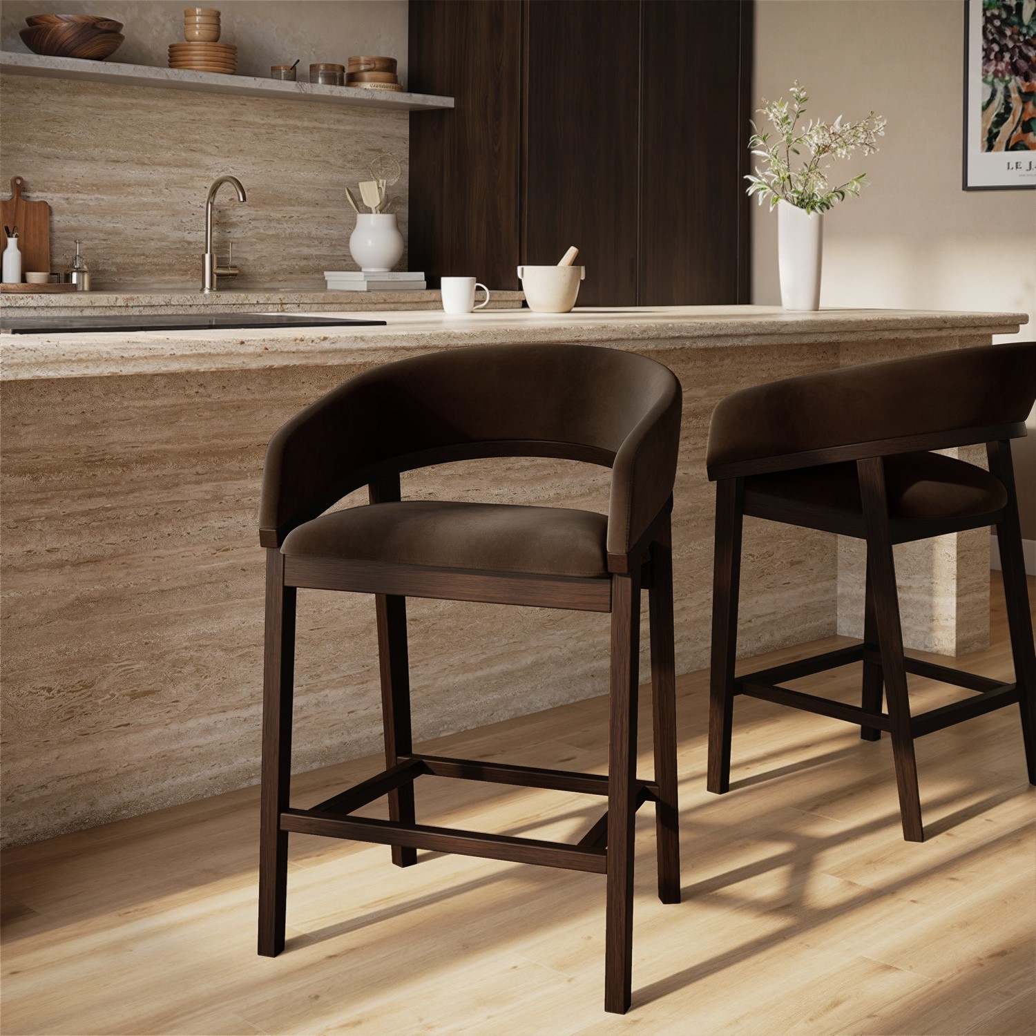 Set 2 Walnut & Chocolate Brown Velvet Curved Kitchen Stools Back