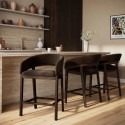BUN/OWE004S/99378 Set of 3 Walnut & Chocolate Brown Velvet Curved Kitchen Stools with Back - Owen