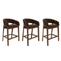 Set of 3 Walnut & Chocolate Brown Velvet Curved Kitchen Stools with Back - Owen