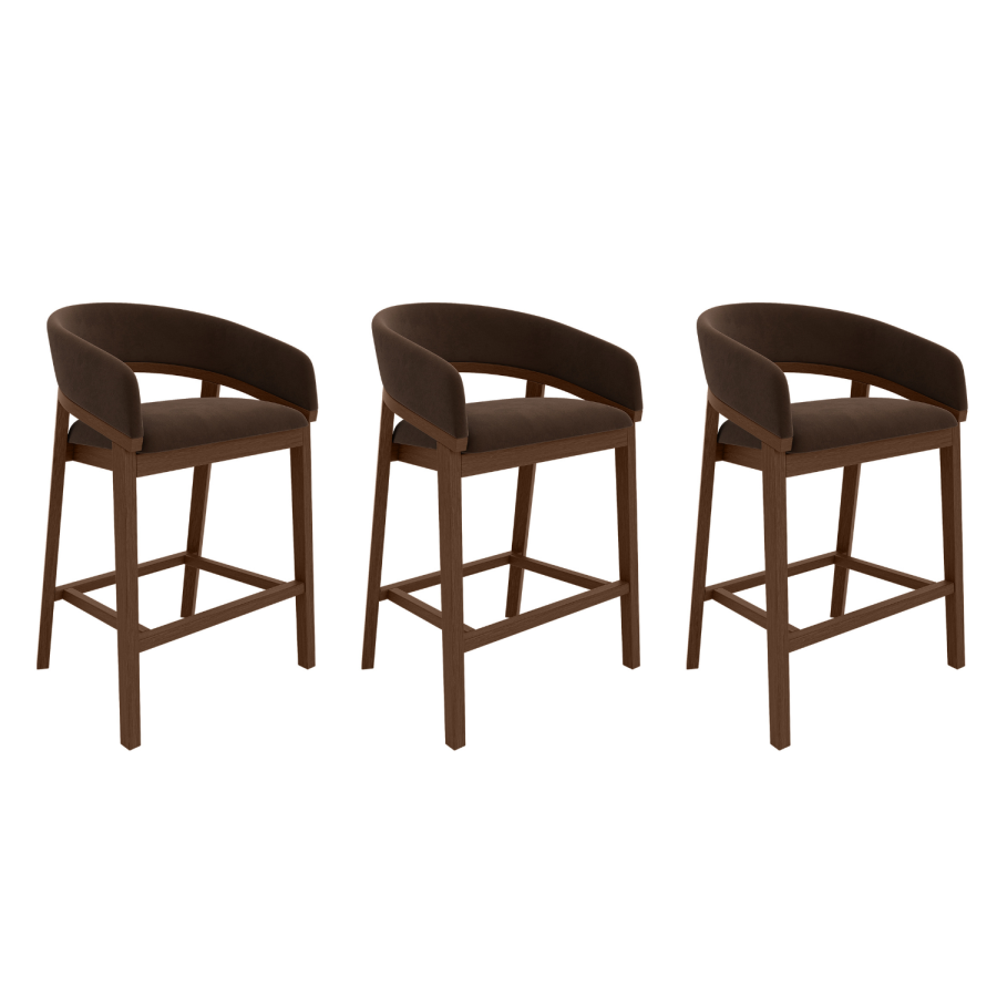 Set of 3 Walnut & Chocolate Brown Velvet Curved Kitchen Stools with Back - Owen