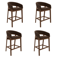 Set of 4 Walnut & Chocolate Brown Velvet Curved Kitchen Stools with Back - Owen